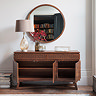 front on image of warm brown sideboard against wall with doors open to show shelf space inside