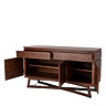 side on cut out image of warm brown sideboard with doors open to show shelf space inside