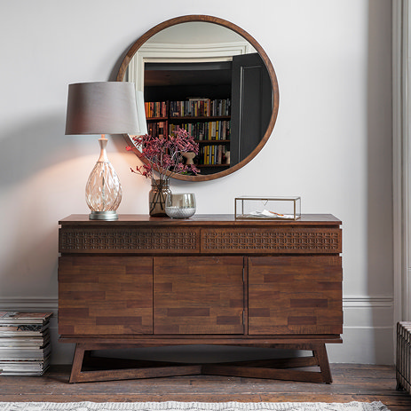 image of 3 door, 2 drawer sideboard in brown wood with frieze across the front of the drawers