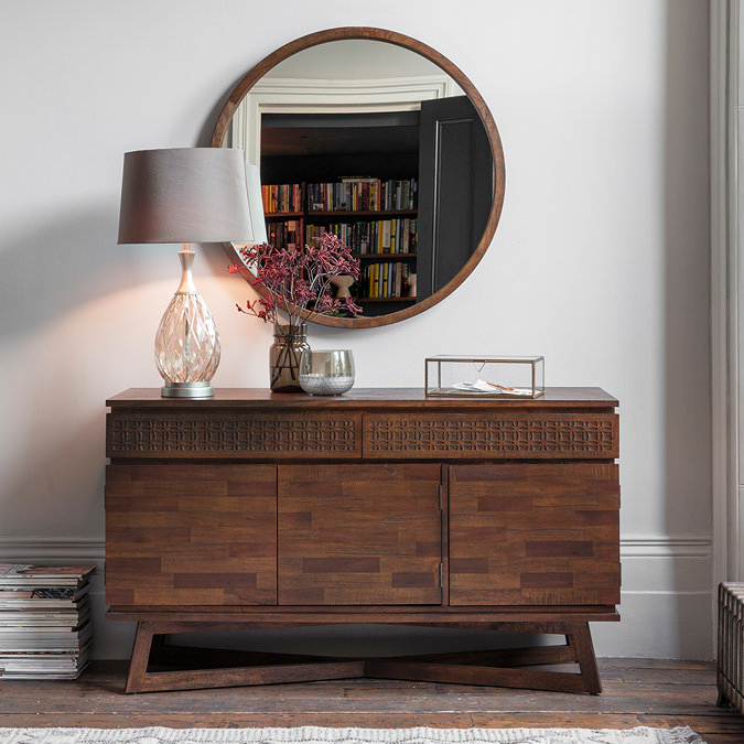 image of 3 door, 2 drawer sideboard in brown wood with frieze across the front of the drawers