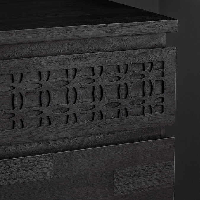 close up image of bohemian pattern on top layer of 4 drawer chest