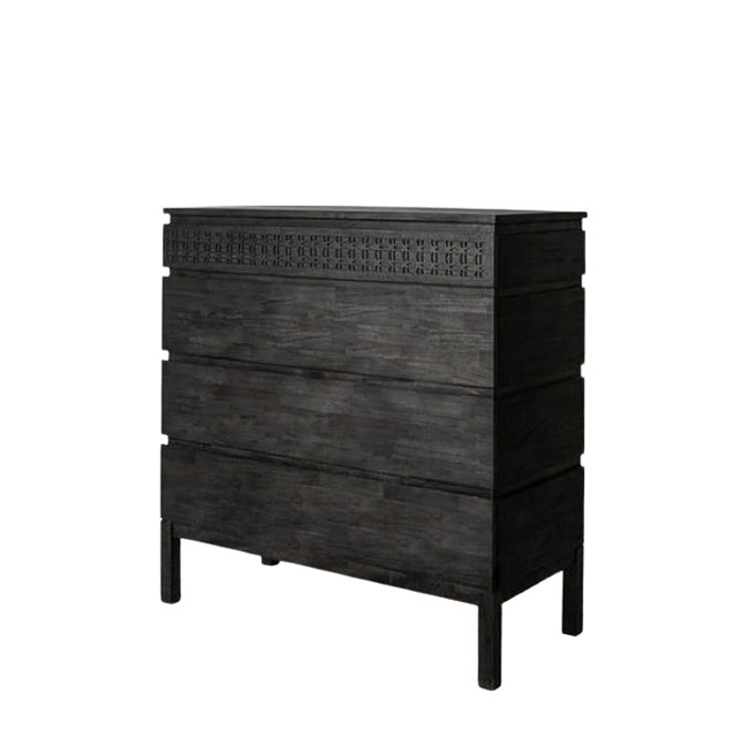 cut out image of 4 drawer chest in black with bohemian inlay on top drawer
