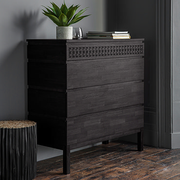close up image of bohemian pattern on top layer of 4 drawer chest