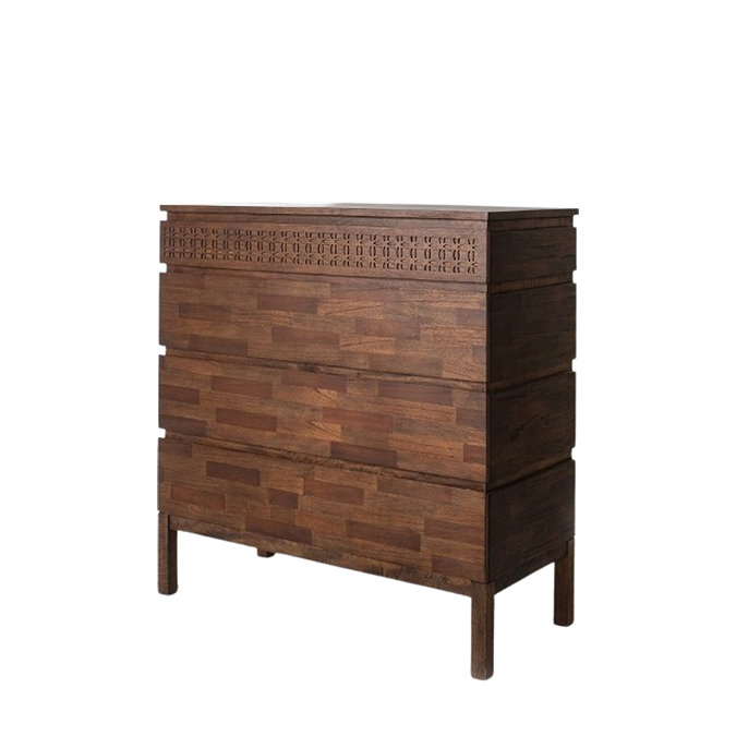 cut out of brown four drawer chest with frieze on top drawer