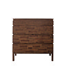 front on image of 4 drawer chest with warm brown finish and intricate frieze on top drawer