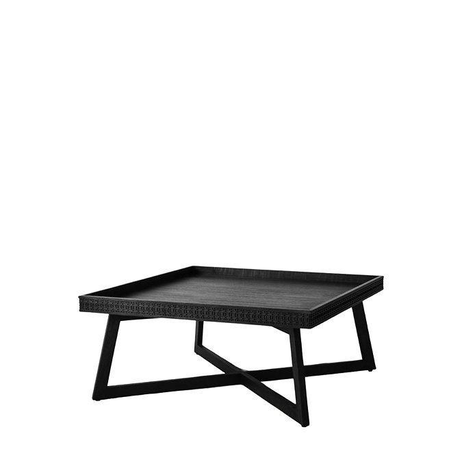 cut out of square black coffee table with frieze and cross over legs