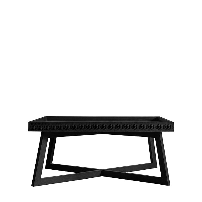 cut out of black wooden coffee table with cross over legs