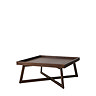side on angled image of brown square coffee table with cross legs