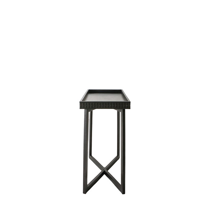 cut out side on image of black wooden console table with cross legs