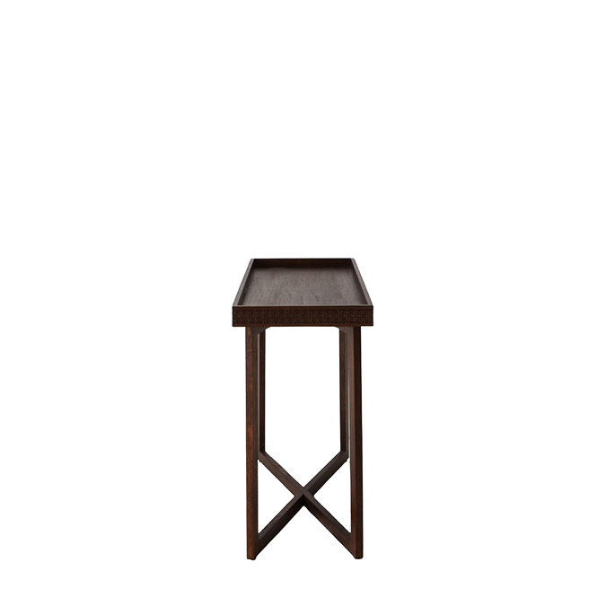 side on cut out image of warm brown wooden console table with cross legs