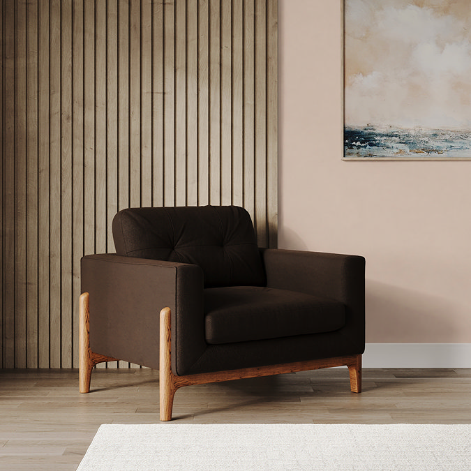 lifestyle image of cocoa velvet armchair with light ash feet