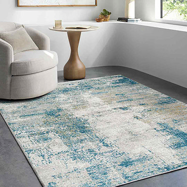 close up image on folded edge of teal rug