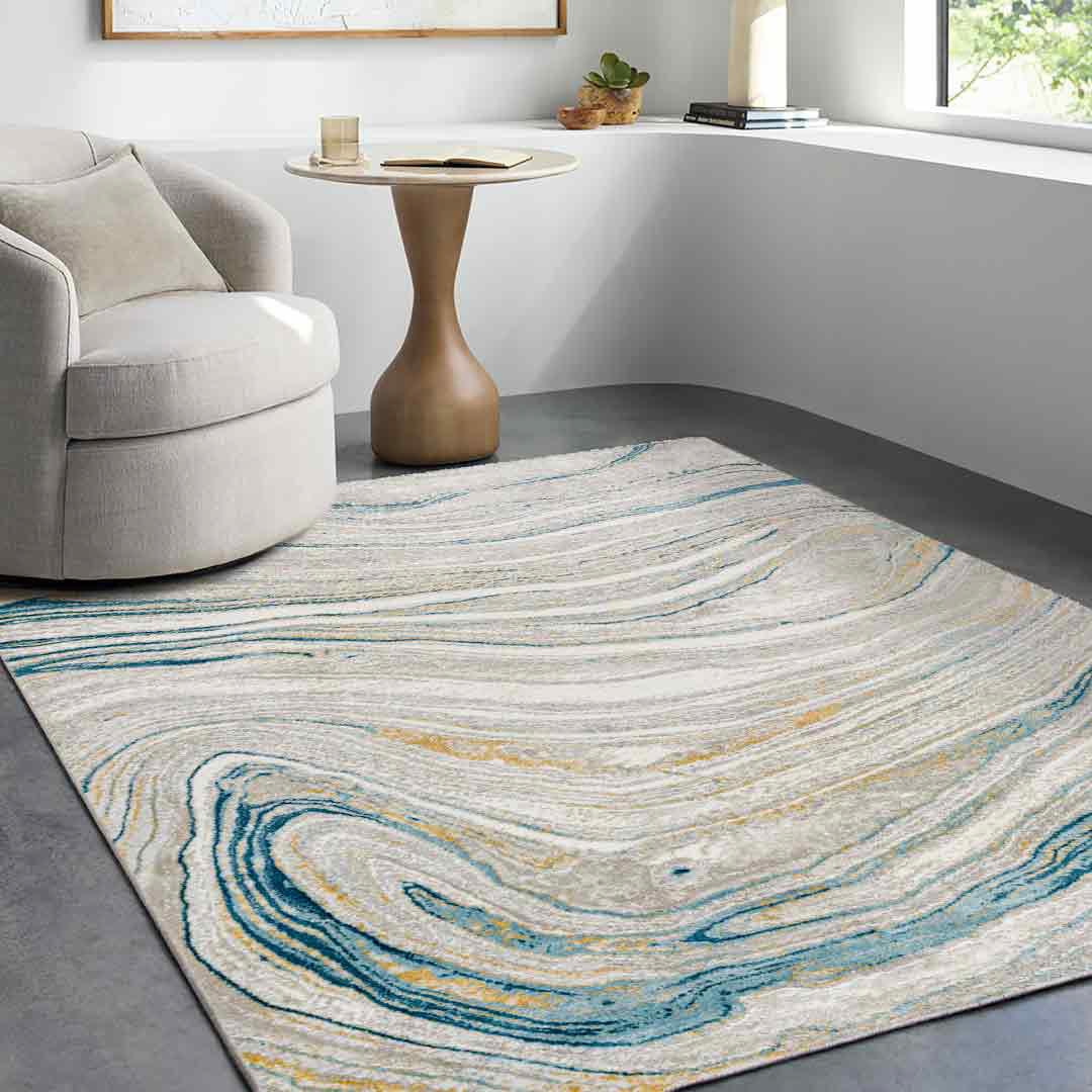 Abstract Marble Modern Grey Blue & Yellow Area Rug | MFI
