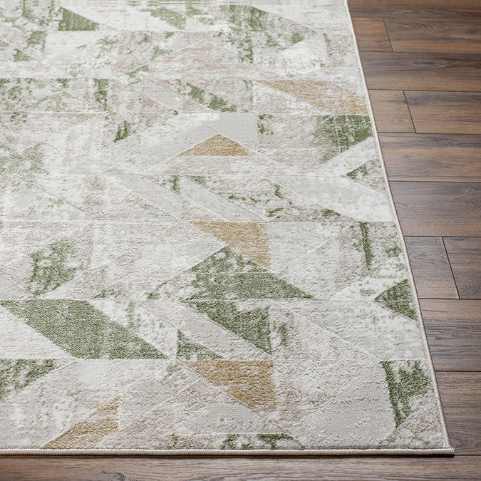 image of corner of sage and ivory geometric rug on wooden flooring