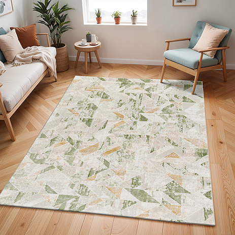 image of rectangular geometric patterned rug in sage and ivory colours, on light wood floor of apartment living room