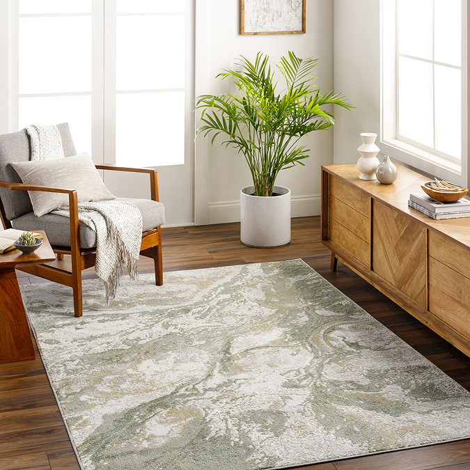 image of green marbled rectangular rug on wooden flooring of modern apartment