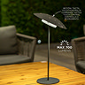 image of tall thin dark grey table lamp on wooden table with head tilted up to show flexible shade