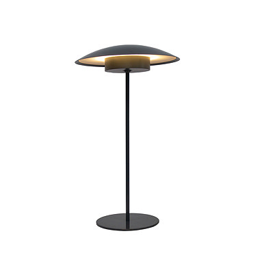 image of tall thin dark grey table lamp on wooden garden table at night, shining warm light