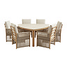 image cut out on white background of six seat dining table with rope backing, cream seat cushions, and light wood frames