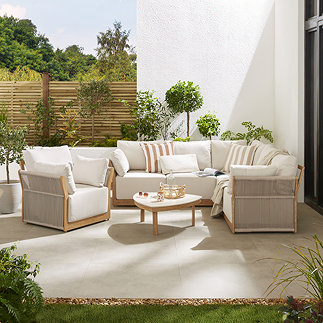 front on image of luxury cream coloured garden lounge set with deep cushions and rope sides
