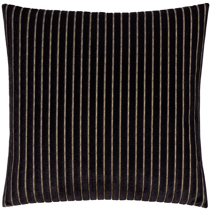 front image of black square cushion with vertical stripe detail, cut out on white background