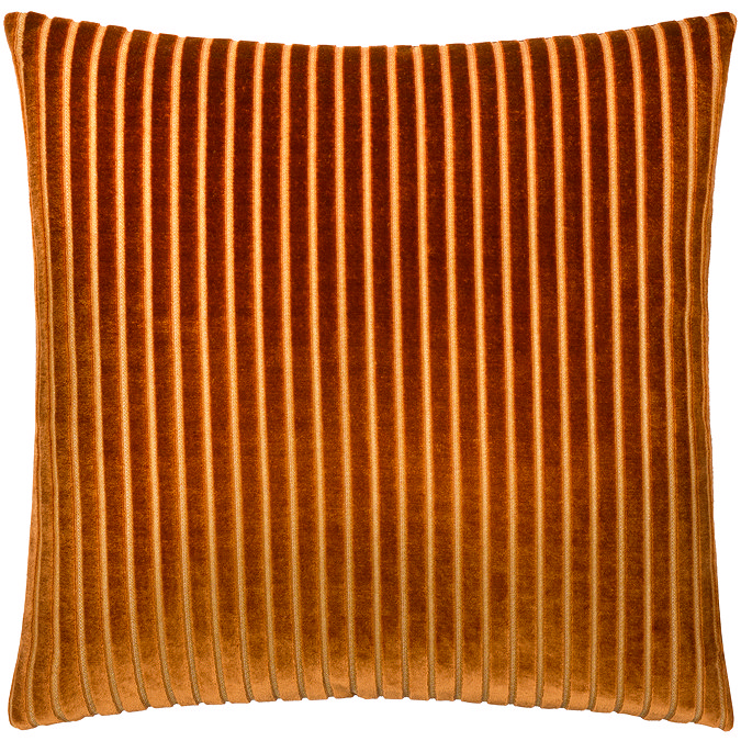 front image of brick orange cushion with vertical stripe detail, cut out on white background