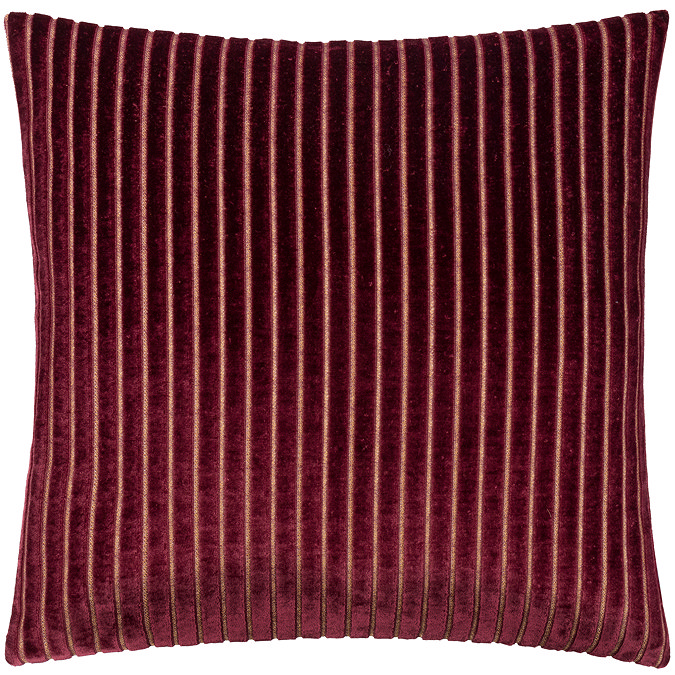 front image of burgundy red cushion with vertical stripe detail, cut out on white background