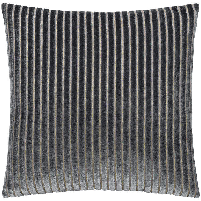 front image of charcoal grey cushion with vertical stripe detail, cut out on white background
