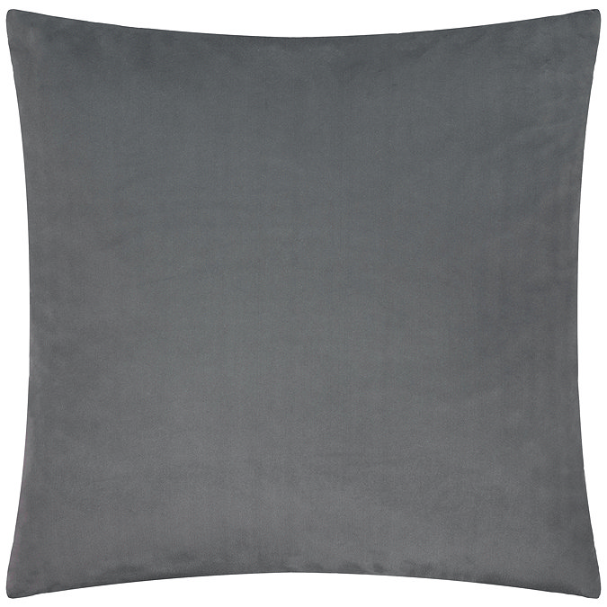 back image of charcoal grey square cushion with plain velvet reverse