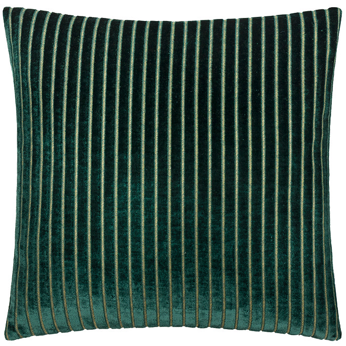 front image of emerald green cushion with vertical stripe detail, cut out on white background