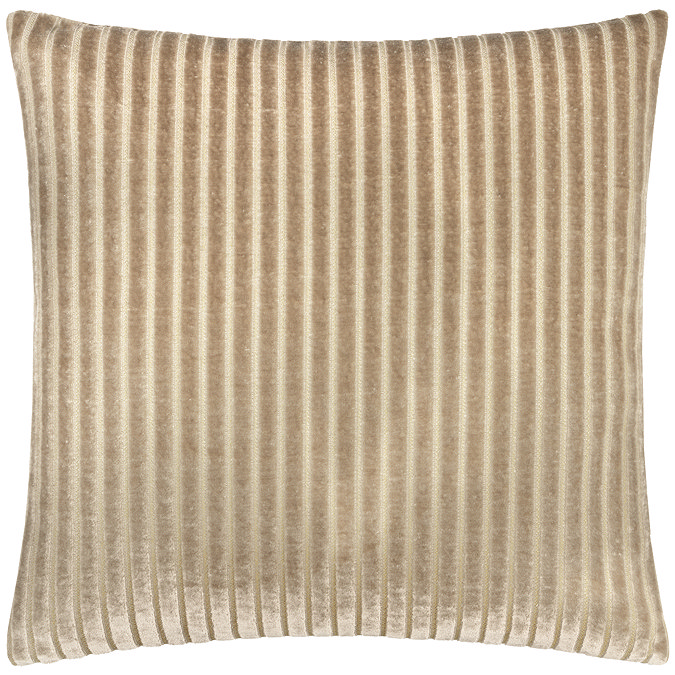 front image of mink brown square cushion with vertical stripe cushion, cut out on white background