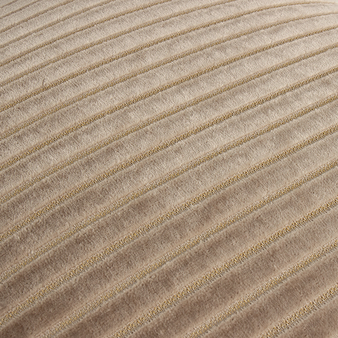 close up image of light brown velvet cushion with stripe detail pattern