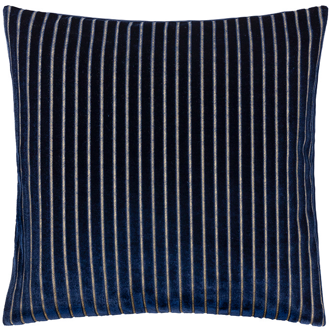 front image of navy blue square cushion with vertical stripe detail, cut out on white background
