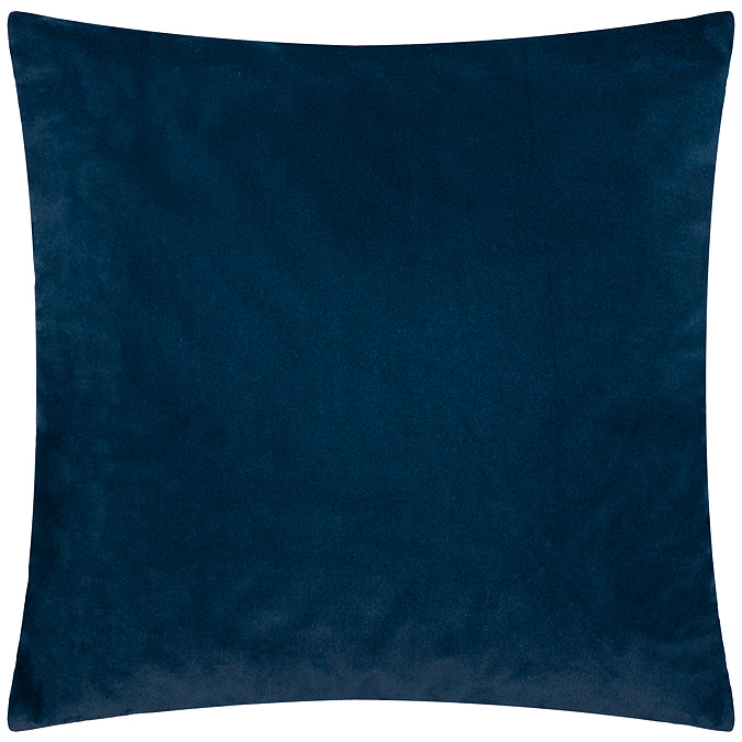 back image of navy blue square cushion with plain velvet reverse