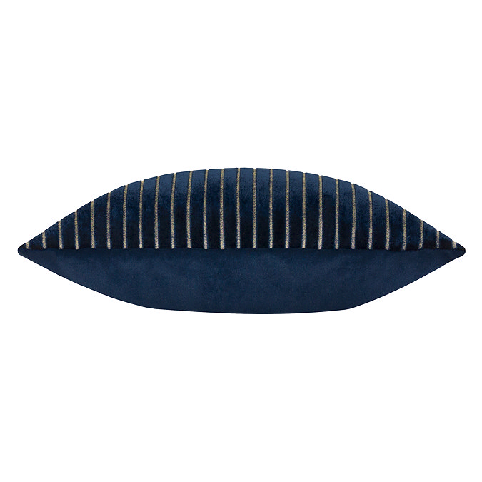 side on image of navy blue square striped cushion, cut out on white background