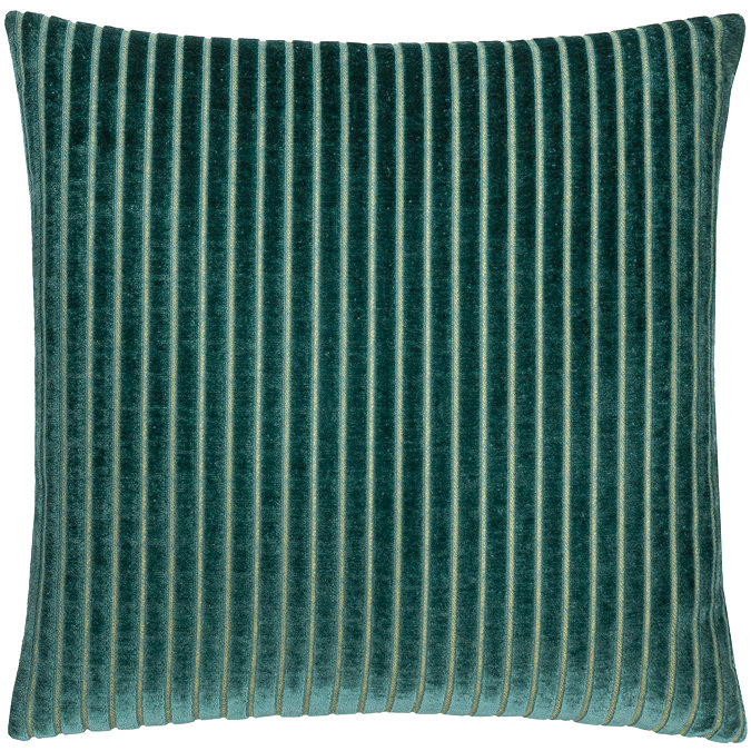 front image of teal green cushion with vertical stripe, cut out on white background