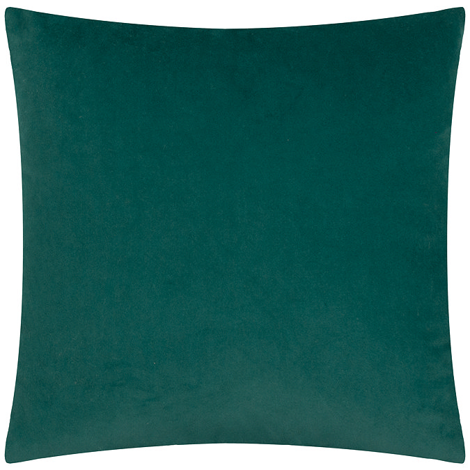 back image of teal green square cushion with plain velvet reverse