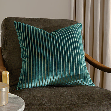 front image of teal green cushion with vertical stripe, cut out on white background