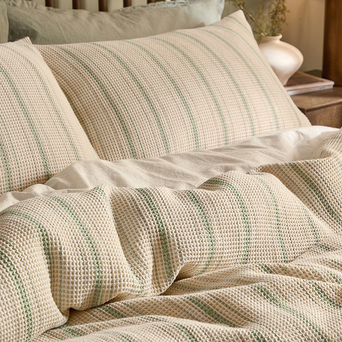 Selby Waffle Duvet Cover Set Bay Green and Natural