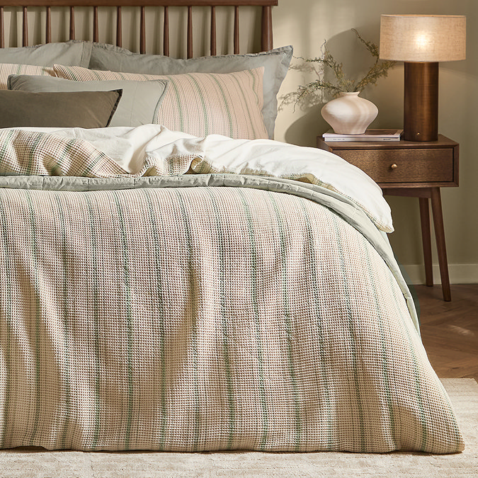 Selby Waffle Duvet Cover Set Bay Green and Natural