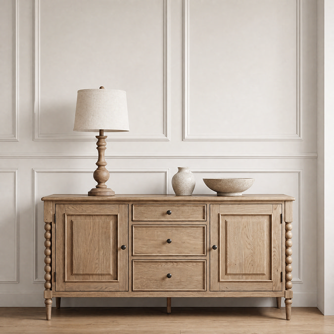 Wooden Table Lamp on Sideboard
