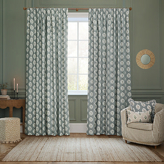 Sessile Leaf Delph Blue Pencil Pleat curtains over a window