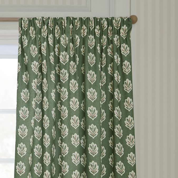 Sessile Leaf Leaf Green Pencil Pleat Curtains over a window image close up