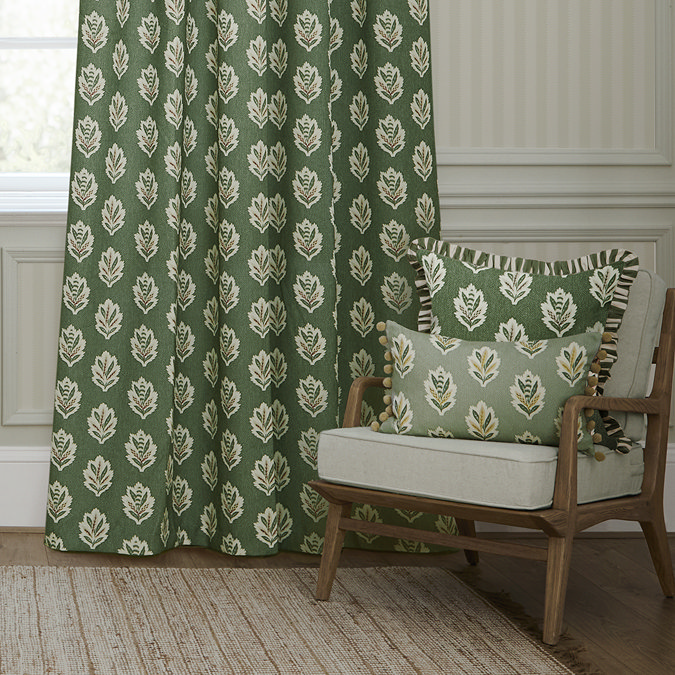 Sessile Leaf Leaf Green Pencil Pleat Curtains over a window image close up
