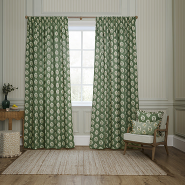 Sessile Leaf Leaf Green Pencil Pleat Curtains over a window image close up