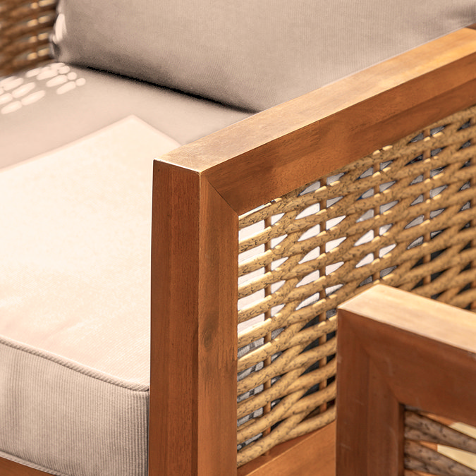 close up on mix of acacia wood and wicker materials used on lounge set