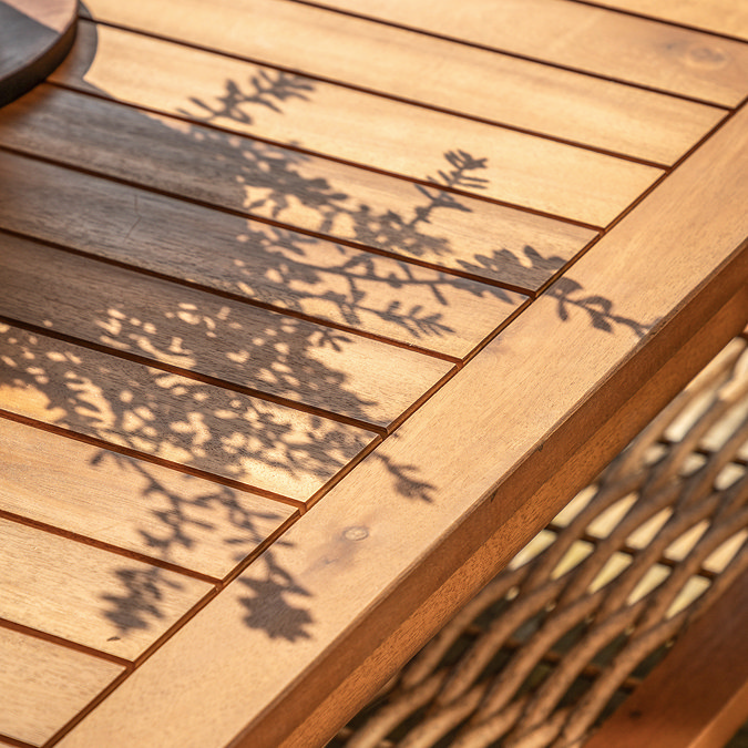 close up on teak material of wooden garden coffee table