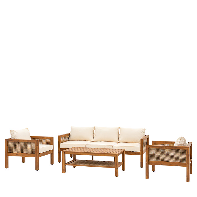 cut out of five seater lounge set in acacia wood with wicker accents