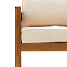 close up image of acacia wood sofa with cream seat cushions