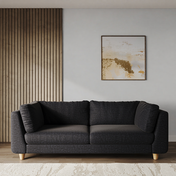 lifestyle image of chunky grand sofa in indigo fabric with light beech feet